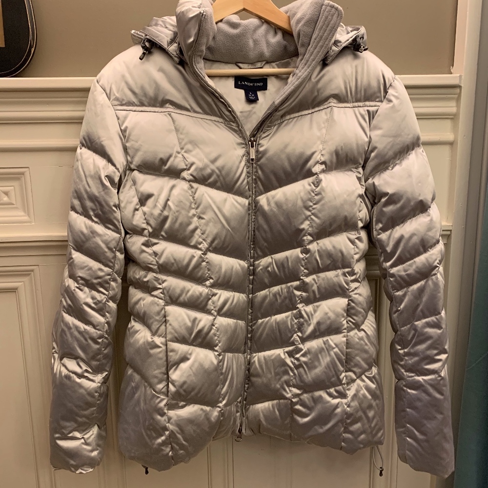 Women's Land's End Silver Hooded Coat Sz L (14-16)